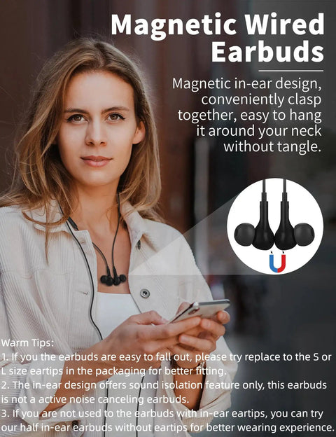 Woman wearing USB C Earbuds With Microphone For S26 S25 S24 A16 A17 And Pixel And iPhone, magnetic design shown in inset.