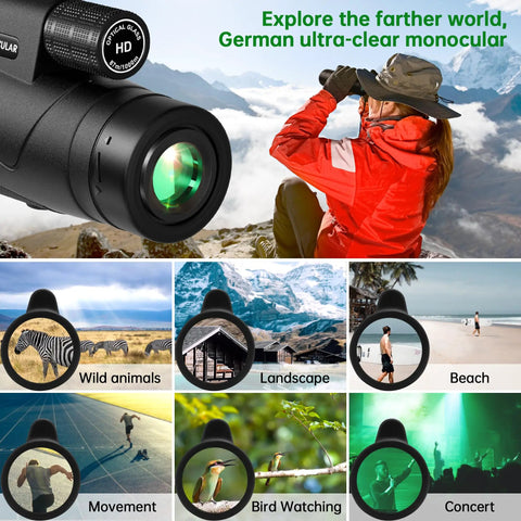 80x100 HD Monocular Telescope With Smartphone Adapter And Tripod For Adults, showcasing wildlife, landscapes, and bird watching use