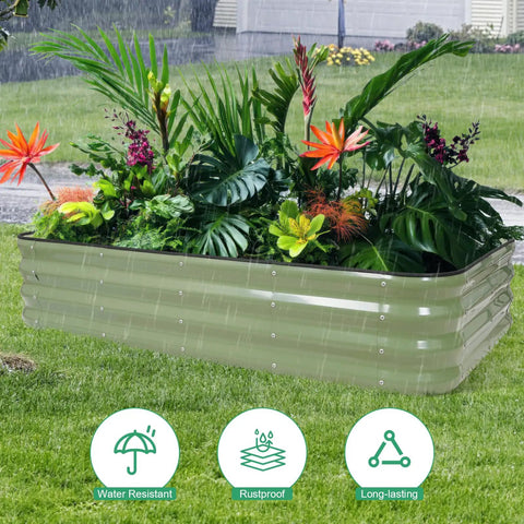 Galvanized Raised Garden Bed Kit 5X3X1 Modular Planter Box For Outdoor Gardening, filled with flowers in a backyard