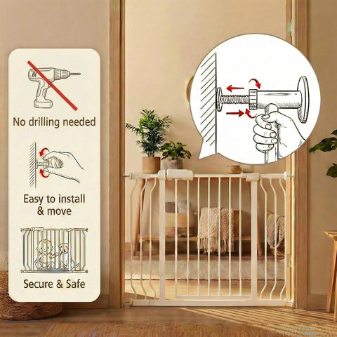 Super Wide Baby Gate 57.5 to 62 Inch White Metal Pressure Mounted Indoor Safety Gate with installation instructions
