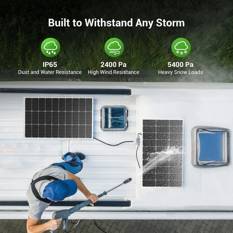 100W 12V Monocrystalline Solar Panel With Solar Connectors For Battery Charging On Boats, RVs, Caravans And Off Grid Adventures on rooftop