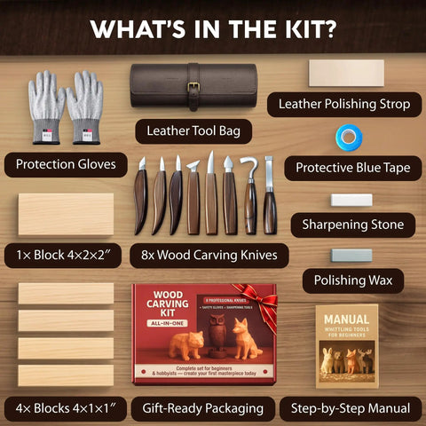 All In One Ultimate Starter Whittling Wood Carving Kit For Beginners with Eight Carving Knives, Gloves, Sharpening Strop, and Bag