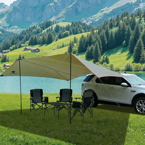 Oversize Car Side Camping Awning 11 By 19 Feet for SUV, providing shade by a lake with chairs and scenic mountain view