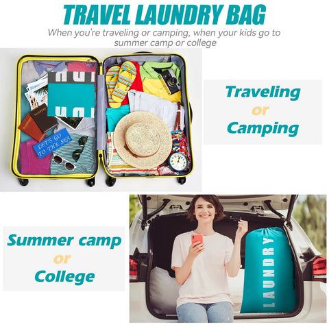 Woman with 2 Pack Large Travel Laundry Bags For Dirty Clothes That Haul Easy 24 By 36 Inch Laundry Organizer Set For Camping And Travel