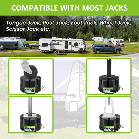Collage showing 6 Inch Trailer Jack Block Set With Bag 4 Pack Heavy Duty Stabilizer Blocks for different RV jacks at a campsite.