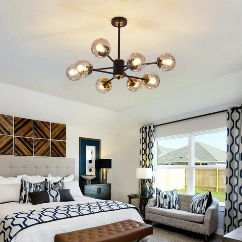 8 Light Chandelier Pendant Lighting Black With Glass Globes Dope Vintage Sputnik Ceiling Light Fixture in bedroom setting.