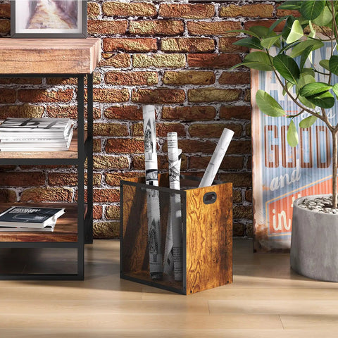 Dope Retro Industrial Office Trash Can With Iron And Wood Construction next to books and plant in home office setting