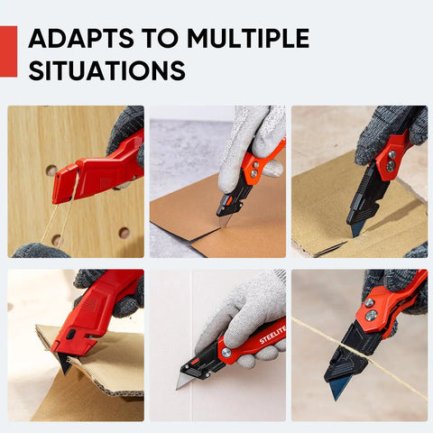Heavy Duty Utility Knife Set Two Piece Box Cutter With Quick Open Button Lock Razor Knife For Cartons Plastic Leather And Cardboard Includes 16 Extra Blades In Red Handle cutting various materials