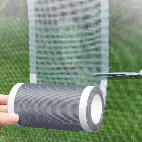 Heavy Duty Window Screen Repair Tape being cut for Mosquito Screens Tents And Patio Nets Easy Peel And Stick Patch Kit in use.