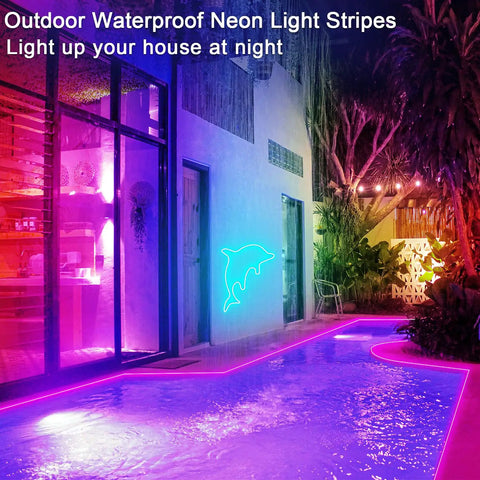 32.8 Ft LED Neon Lights With Remote App Control illuminating poolside with vibrant colors, showcasing IP65 Waterproof Flexible RGB Neon Strip Lights