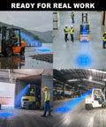 Top Tier Led Forklift Safety Blue Spot Light With Durable Magnetic Mount And Bracket For High Voltage Up To 80V Waterproof Ip68 in action in a warehouse.