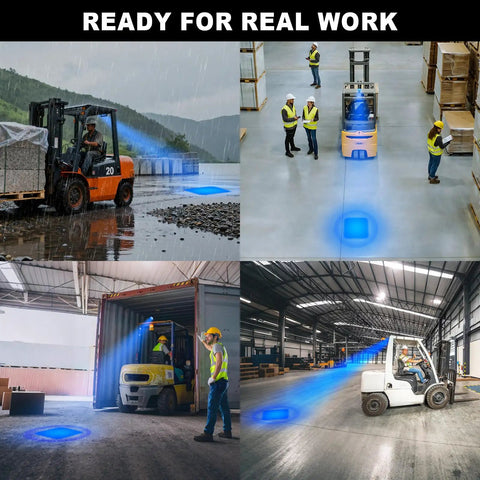 Top Tier Led Forklift Safety Blue Spot Light With Durable Magnetic Mount And Bracket For High Voltage Up To 80V Waterproof Ip68 in action in a warehouse.