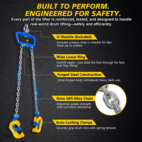 Heavy Duty Chain Drum Lifter Handles 2200 Lbs Vertical Barrel Clamp with U-shackle and G80 chains for secure lifting.