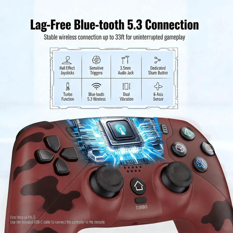 Camo Red Wireless Controller For PS5 And PC With Hall Effect Joysticks LED Channel Light Bluetooth 5.3 connection display