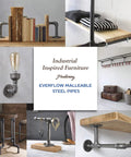 Collage of industrial furniture designs featuring Everflow malleable steel pipes with shelves, lighting, and clothing racks.