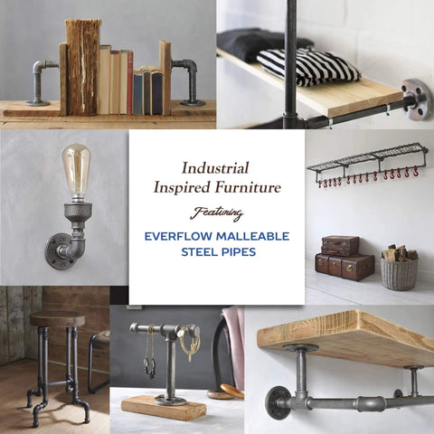 Collage of industrial furniture designs featuring Everflow malleable steel pipes with shelves, lighting, and clothing racks.