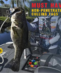 Non Puncture Bass Fishing Cull Tags Set With Six Color Coded Tags And Buoy Keeper used on bass by angler in boat.