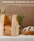 Large Window Paper Bread Bags 25 Pack For Sourdough And Homemade Bread With Label Seal Stickers shown with bread inside.