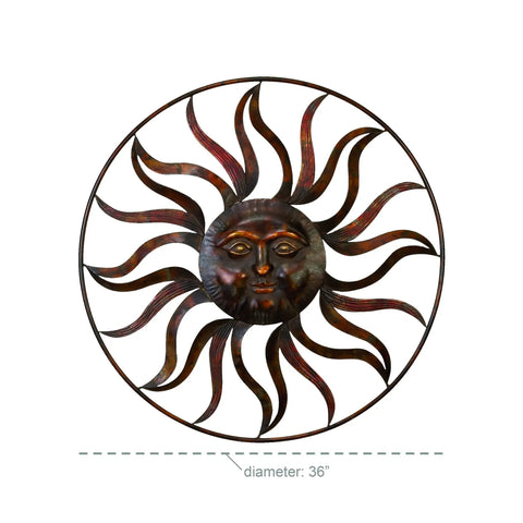 Metal Sun Face Wall Decor 36 Inch Round Wall Sculpture With Colorful Painted Accents For Indoor Outdoor Use Rustic Timeworn Brown Finish Open Frame Sun Rays No Assembly Required