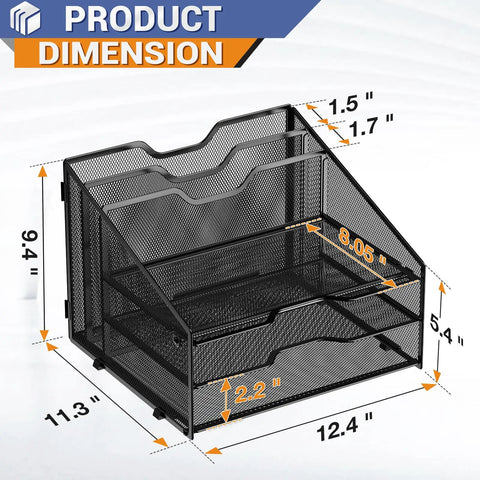 Sturdy Metal Mesh Letter Tray Organizer For Your Desk With 3 Paper Trays And 2 Vertical Uprights, dimensions shown, pro grade office file organizer.