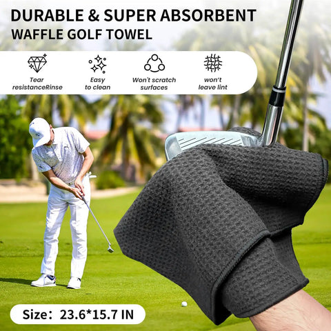 Waffle golf towel absorbing moisture from a club, showcasing the Leak Proof Golf Club Cleaner With Stretchable Brush And Microfiber Towel Holds Five Ounces Of Water Non Leaking Spray Design Strong Bristles All In One Golf Cleaning Kit For Men On The Course on the green.