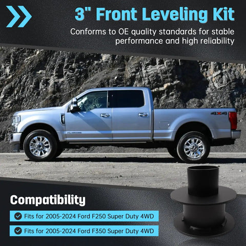 Side view of Ford truck showcasing compatibility with Ford 3 Inch Front Leveling Kit For 2005 Through 2024 F250 F350 Super Duty 4WD