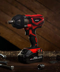Beefy 20V Cordless Impact Wrench Kit With 300 Ft Lb Torque shown with half inch detent anvil on a wooden background.
