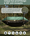 3 In 1 Camping Hammock Tent With Mosquito Net And Sunshade For Two, ultralight and extra large, hanging between trees outdoors.