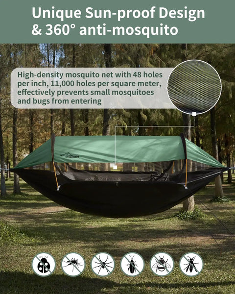 3 In 1 Camping Hammock Tent With Mosquito Net And Sunshade For Two, ultralight and extra large, hanging between trees outdoors.