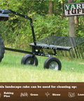 Pine Straw Rake and Lawn Sweeper 60 Inch Wide Steel Leaf Collector Attachment with 24 Spring Tines attached to ATV in yard