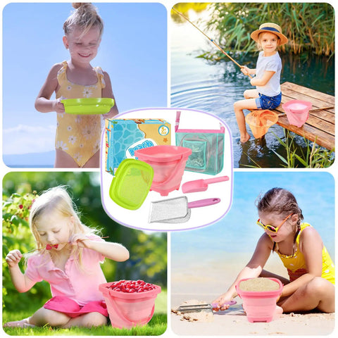 Ultimate Beach Treasure Hunt Kit For Kids And Families with foldable sand bucket, shark tooth sifter, and mesh bag