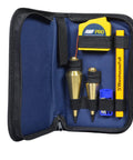 Open carrying case with Pro Grade Plumb Bob Kit With 16 Oz And 8 Oz Brass Plumbs, reel, pencils, and sharpener.