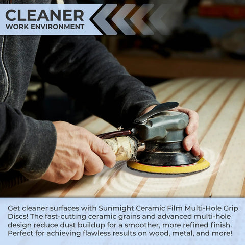 Using Pro Grade 6 Inch Ceramic Sanding Discs With Hook And Loop, 180 Grit, on wood for fast cutting and dust extraction