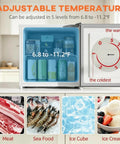 Slick Compact 1.1 Cu Ft Mini Freezer With Smooth Five Step Temperature Control And Reversible Door For Gray Small Space Meal Prep That Hella Keeps Ice Cream Fresh All Week Long Great For Dorm Or Kitchen Use adjustable temperature settings from 6.8 to 11.2°F with various food items in storage.