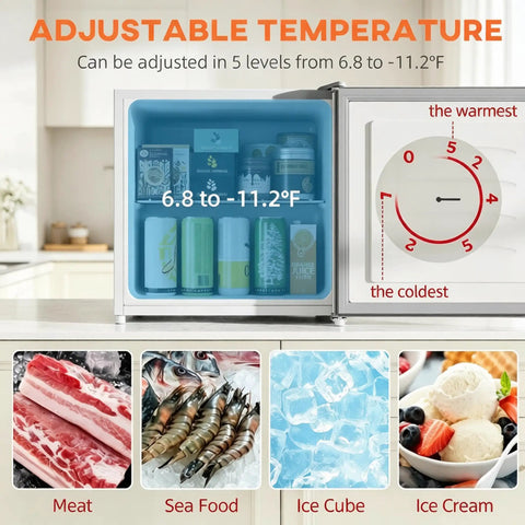 Slick Compact 1.1 Cu Ft Mini Freezer With Smooth Five Step Temperature Control And Reversible Door For Gray Small Space Meal Prep That Hella Keeps Ice Cream Fresh All Week Long Great For Dorm Or Kitchen Use adjustable temperature settings from 6.8 to 11.2°F with various food items in storage.