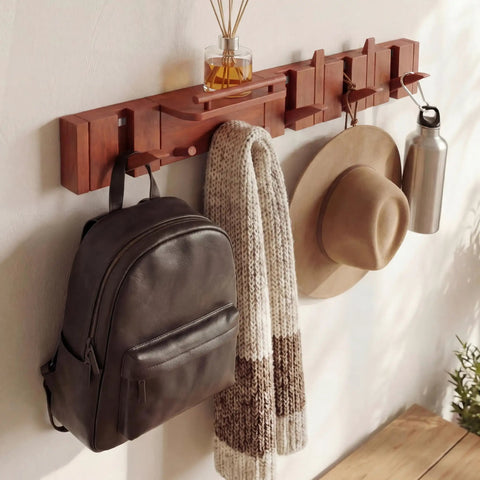 Dope Mid Century Modern Walnut Foldable Entryway Wall Coat Rack With Shelf And 9 Hooks Heavy Duty Wooden Wall Organizer