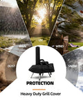 Heavy duty grill cover shown protecting against rain, UV, wind, dust, and snow in nature settings, emphasizing all-weather use.