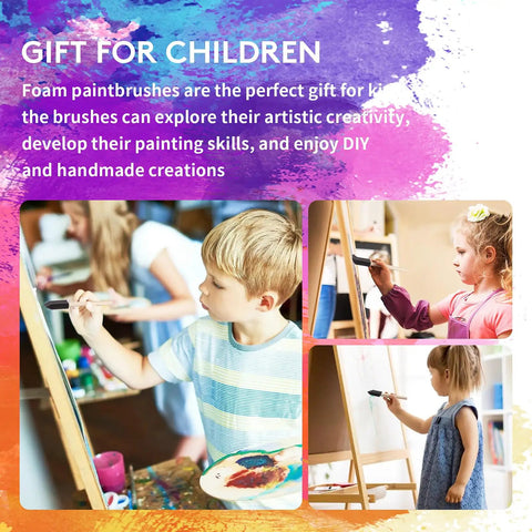 Massive 120 Piece Bulk Crate Of Two Inch Foam Paint Brushes With Tough Wood Handles used by children for creative painting.