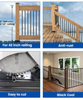 Collage showcasing 25 Pack 36 Inch Aluminum Balusters Round Black For Deck Railing Stairs Porch Spindles Three Quarter Inch