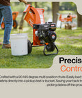 Compact 7HP Mini Wood Chipper Shredder Mulcher in use, showcasing 90-145 degree chute, handles branches up to 3 inches, orange color