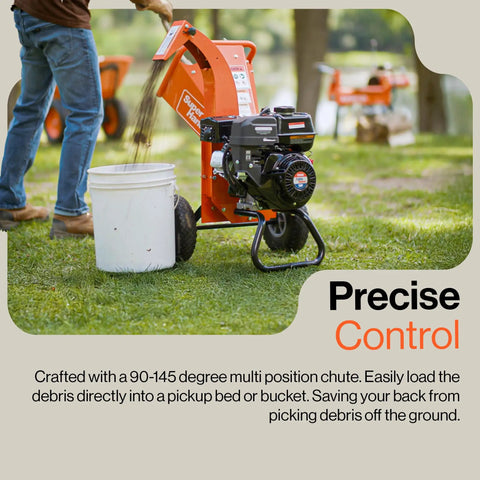 Compact 7HP Mini Wood Chipper Shredder Mulcher in use, showcasing 90-145 degree chute, handles branches up to 3 inches, orange color