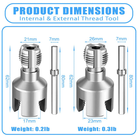 2-In-1 PVC Pipe Threader Kit With Internal And External Dies For One-Half And Three-Quarter Inch Pipes, drill dimensions shown