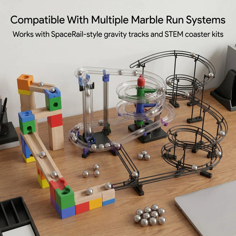 Replacement Steel Balls For Marble Runs And Gravity Rails For STEM Coaster Kits on colorful track system