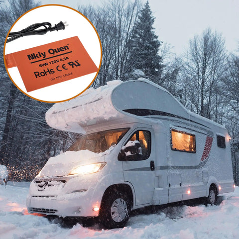 Automotive Silicone Battery Heater Pad With Smart Thermostatic Control And Uniform Heating Wires To Kickstart Your Daily Ride In Freezer Burn Temps Without Cranking Failures Or Dead Cells On Frigid Weekends on snowy RV