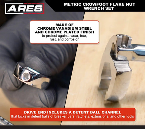 Close-up of 10-Piece Metric Flare Nut Crowfoot Wrench Set showing chrome vanadium construction and detent ball channel.