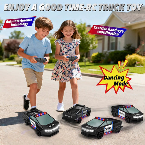 Children playing with Remote Control Police RC Truck With Flashing LED Lights One To Twenty Scale Two Point Four GHz Rechargeable Racing Car For Kids And Little Racers Ages 3 5 7 10 Summer Fun outdoors.