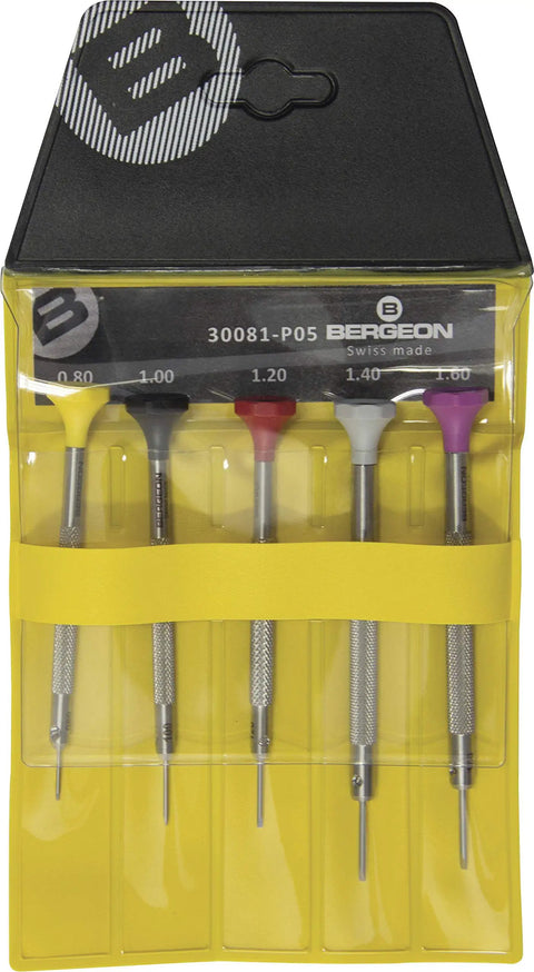 Ergonomic Stainless Steel Screwdriver Set Of Five With Conical Hardened Blades And POM Self Lubricating Heads, Sizes 0.80 to 1.60 Mm