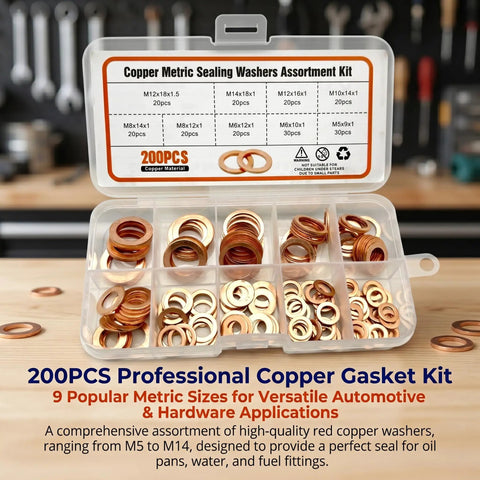 Get Solid 200 Pcs Copper Crush Metric Washer Assortment Kit Sizes M5 To M14 For Car Engine Repair And Motorcycle Maintenance Heat Proof Seals That Handle Vibration Like A Boss No Flex Rust Proof Gold Shine Builds Secure Holds. 200pcs copper sealing washer kit in case, M5-M14