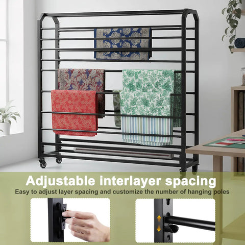 Straight Up Heavy Duty 16 Rods Fabric Roll Storage Rack With Adjustable Hanging Bars Easy Glide Casters No Fuss Vinyl Holder On Wheels Shop displaying various rolls of fabric.
