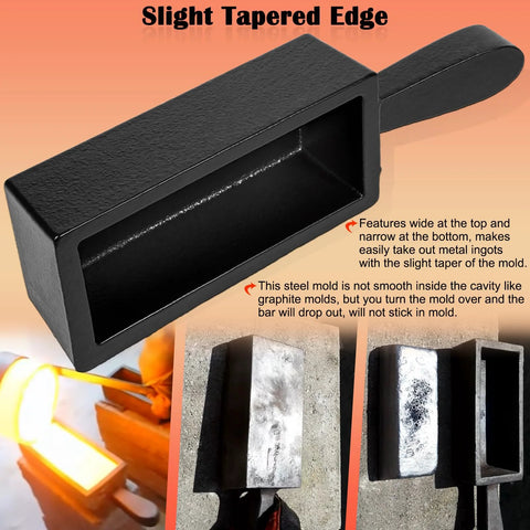 Front view of black cast-iron ingot mold with handle for 100 oz metal casting